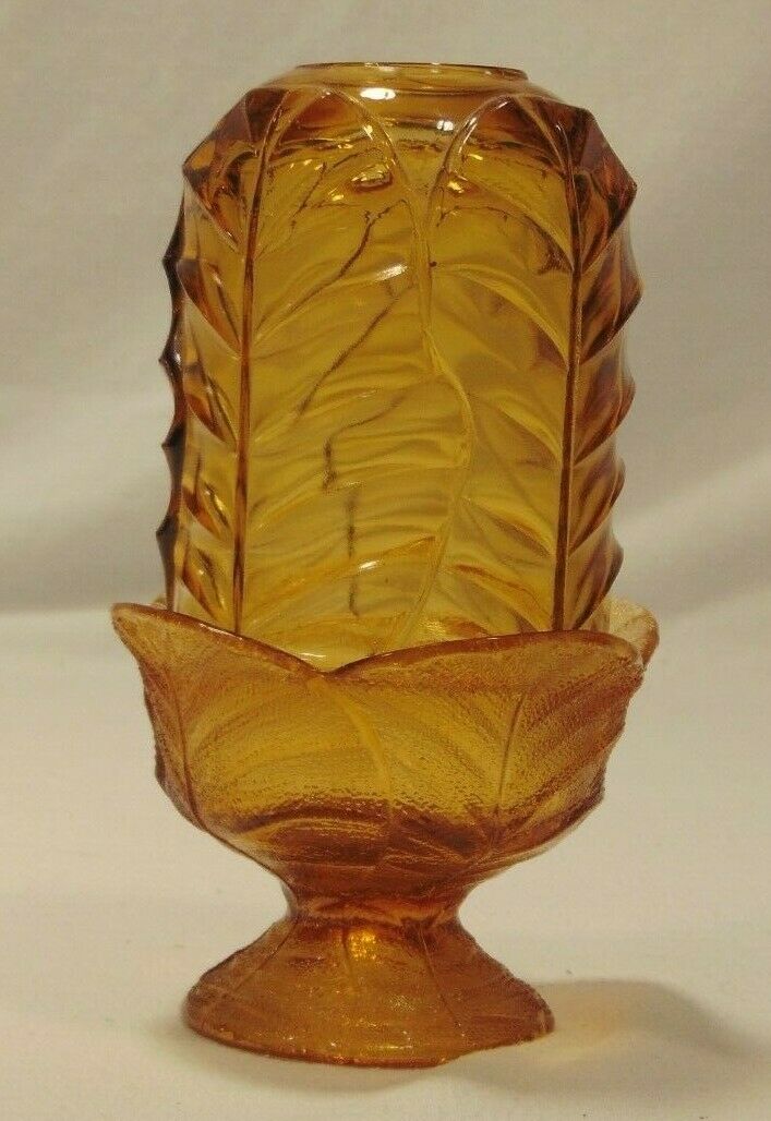 Vintage Viking Glass Amber Cabbage Leaf Pattern Fairy Lamp EUC