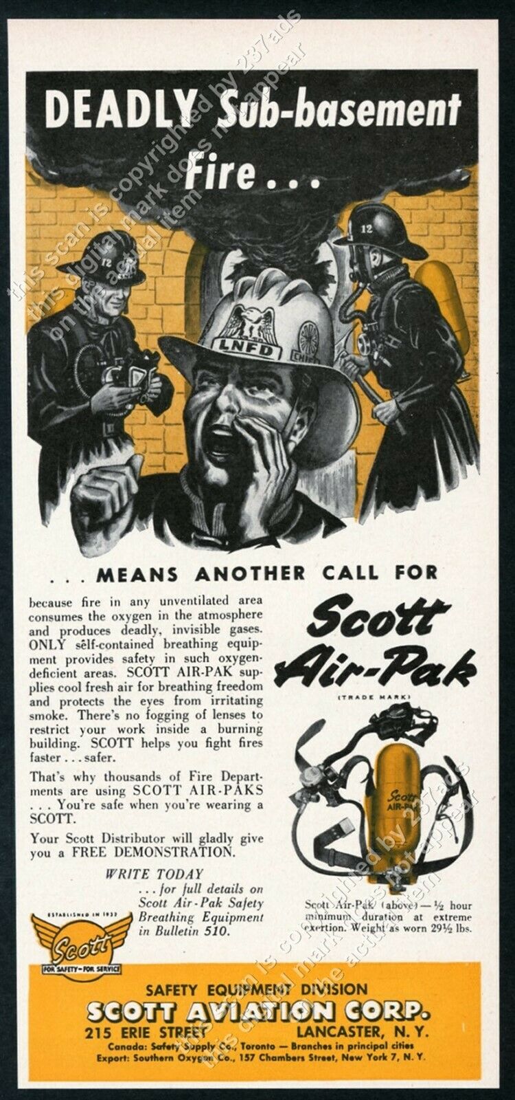 1953 Scott Air Pak fire fighter breathing apparatus firemen art vintage trade ad