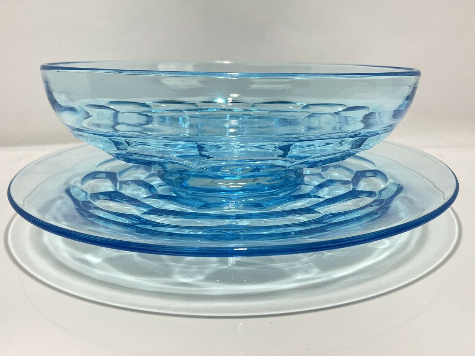 Colonial Blue Viking Georgian Cupped Bowl & Plate Glass Glassware Set 10in”
