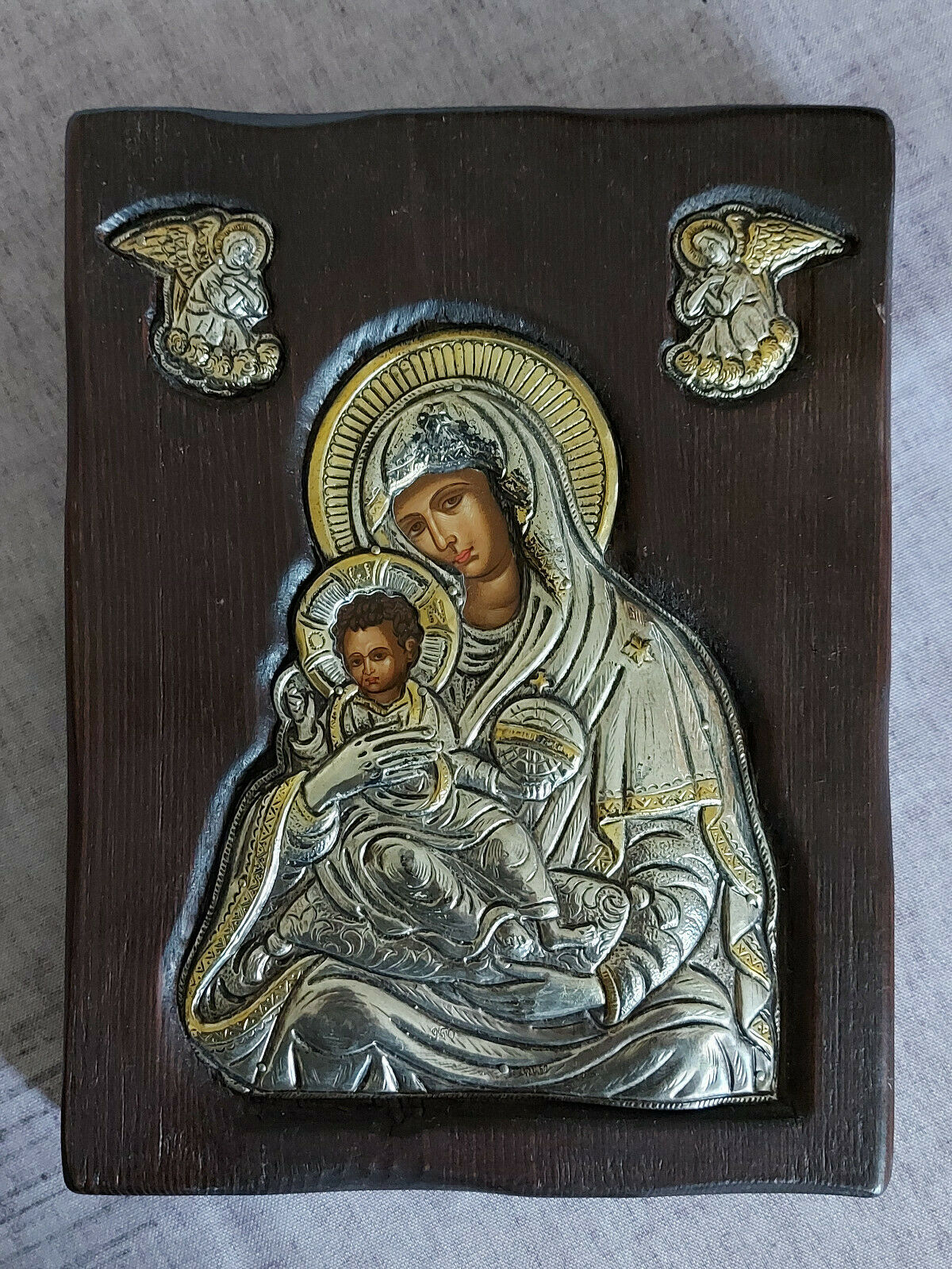 Holy Mother of God Greek Byzantine Icon Silver 950 & 24k on wood!!!