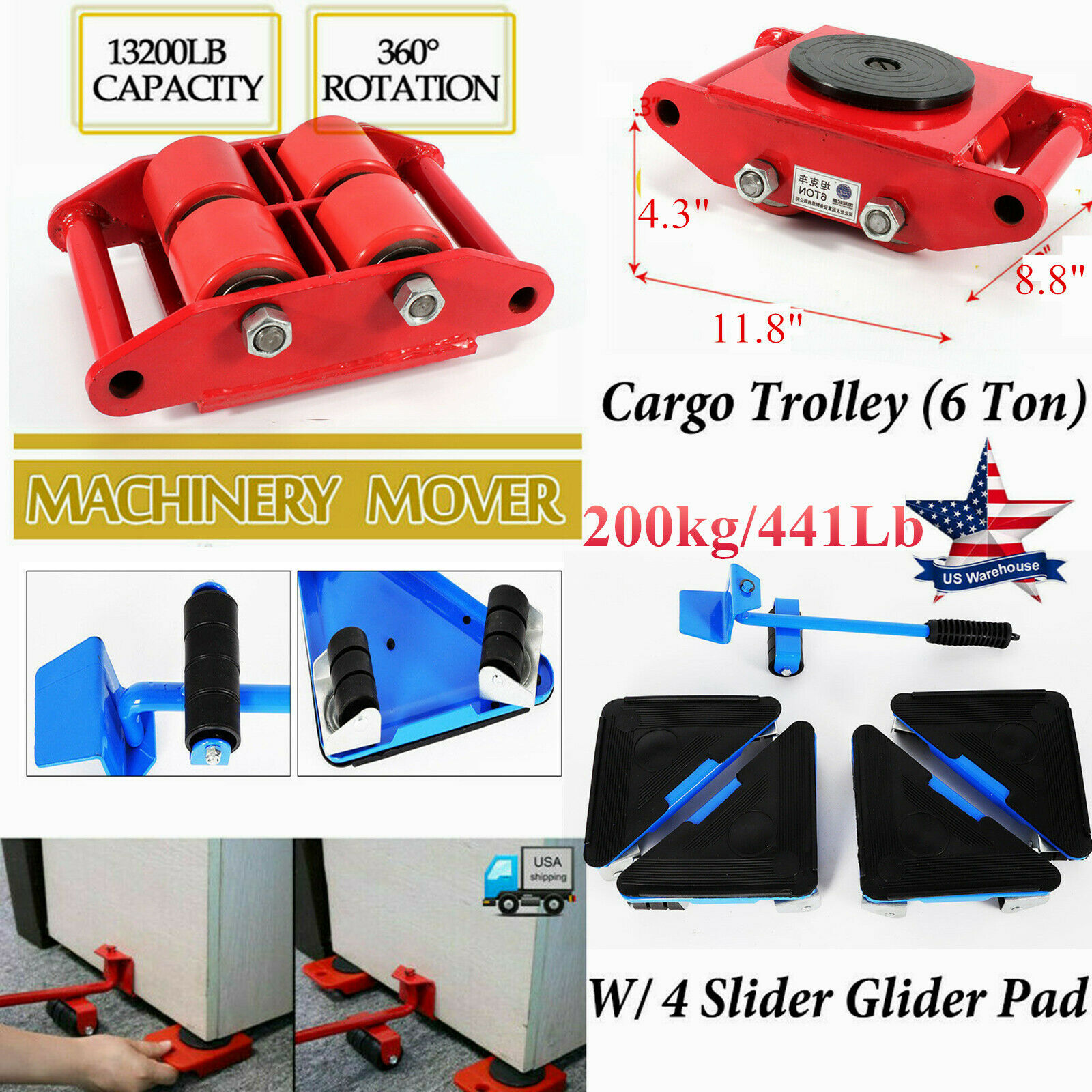Heavy Duty Machine Dolly Skate Machinery Roller Mover Cargo Trolley/4 Slider Pad