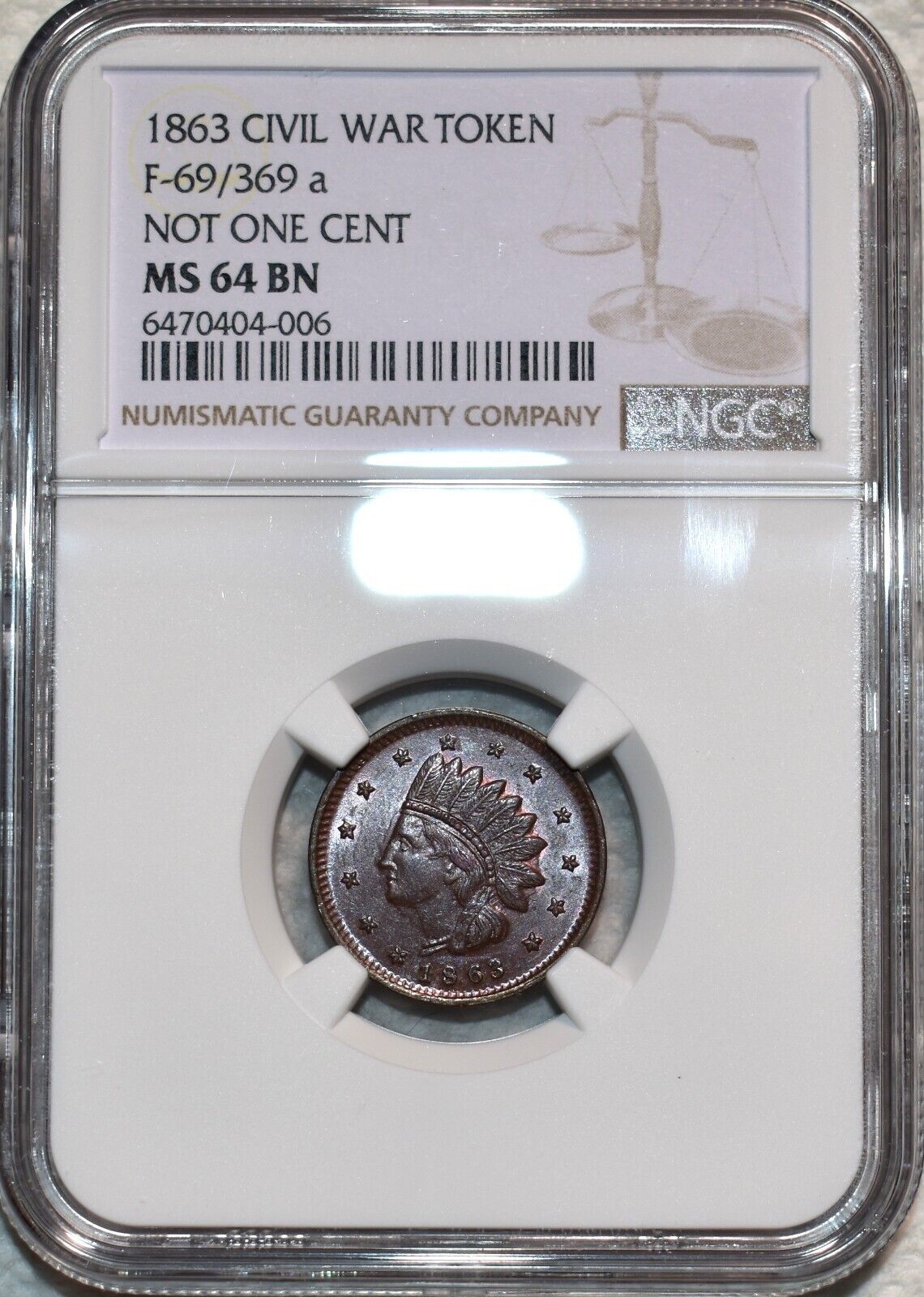 NGC MS-64 BN 1863 Indian Head/Not One Cent Civil War Token, F-69/369a, R-3