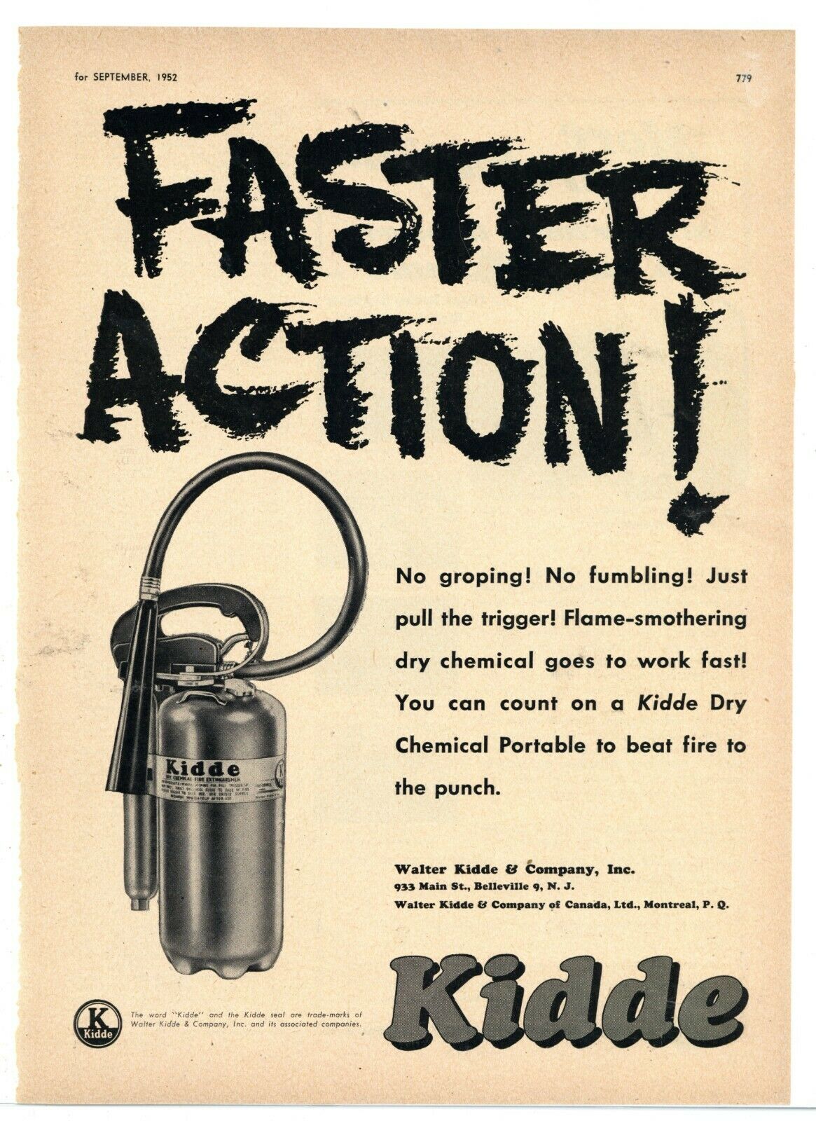 1952 Walter Kidde & Company Ad: Kidde Dry Chemical Portable - Belleville, NJ