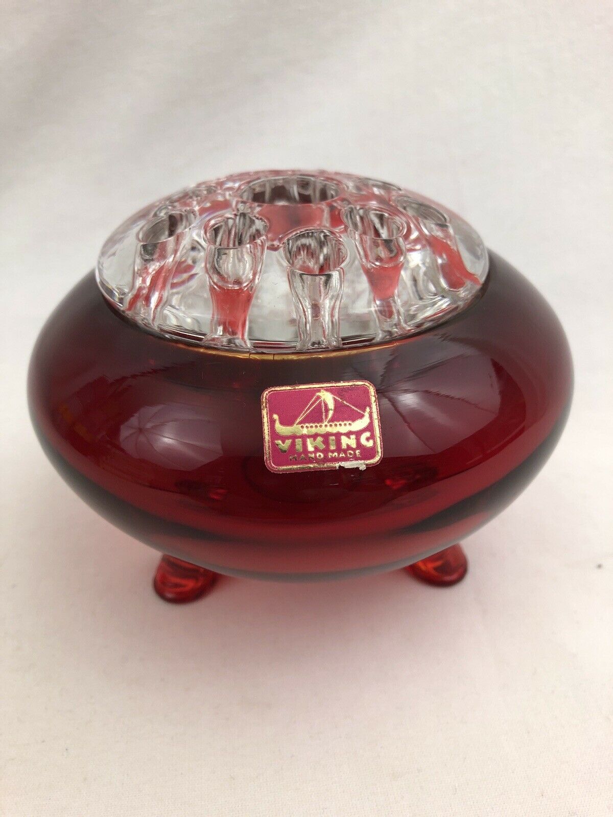Vintage Viking Art Glass Flowerlite Ruby Red 3 Footed Dish Bowl Flower Frog Vase