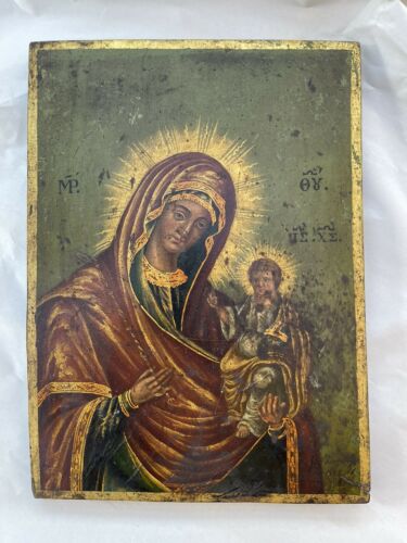 Antique Hand Painted Orthodox Icon, Mother Mary and Child; Greek Or Russian?