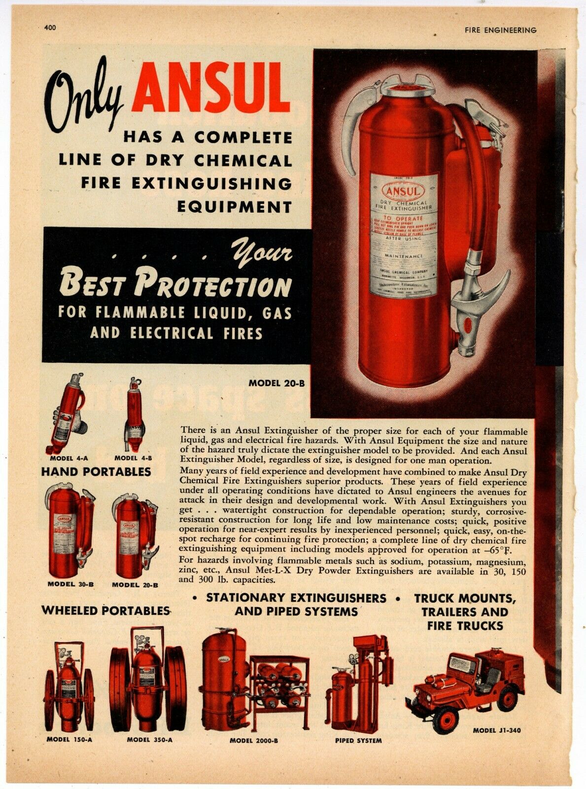 1952 Ansul Fire Extinguishers Ad: Fire Jeep Model J1-340 Pictured